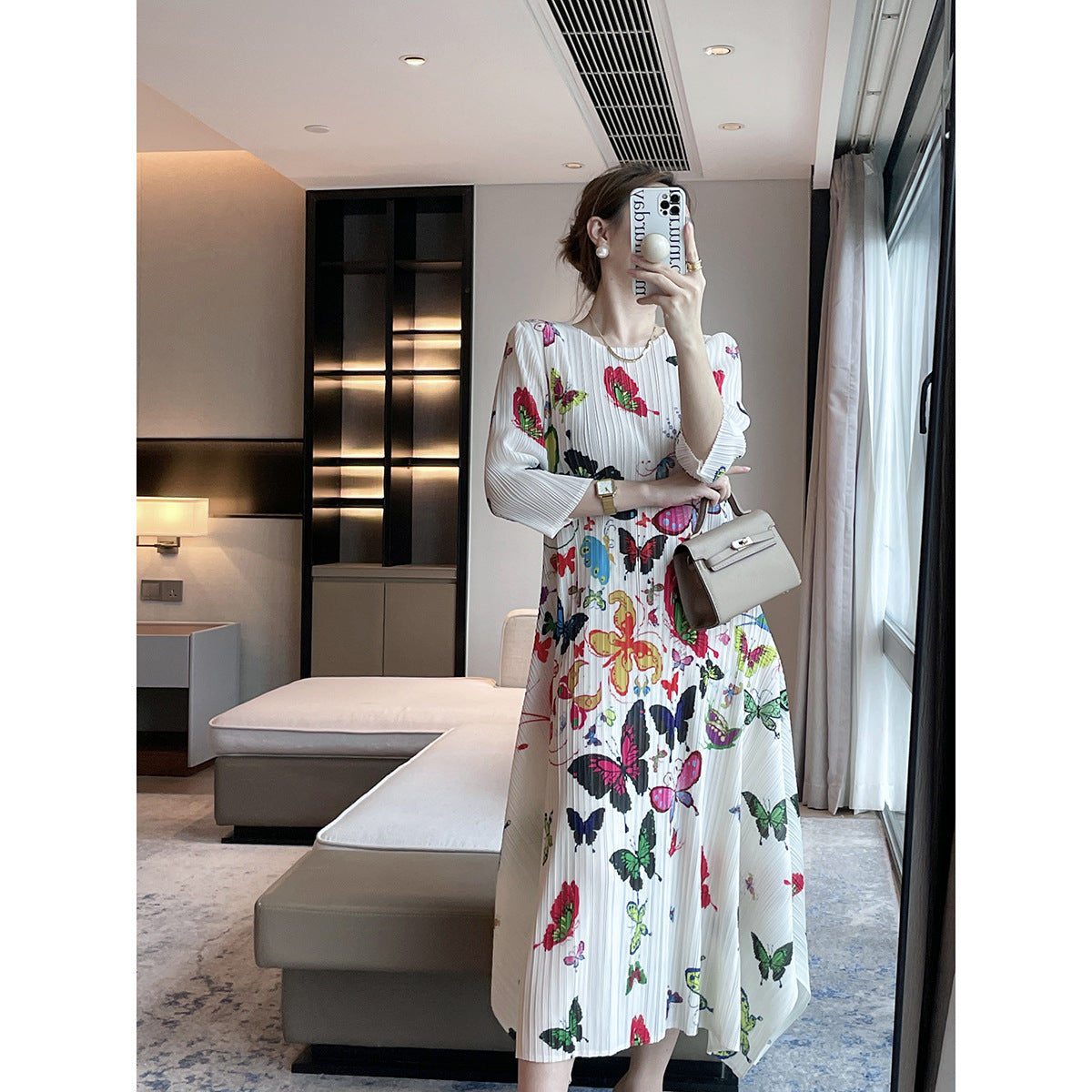 Miyake  autumn new  printing slim pleated dress light luxury elegant celebrity temperament long dress