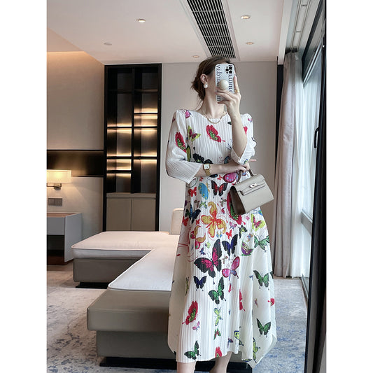 Miyake  autumn new  printing slim pleated dress light luxury elegant celebrity temperament long dress