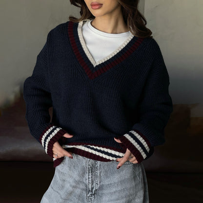 Stripes contrasting colors fashion ins wind sweater women's autumn and winter new V-neck long-sleeved pullover lazy loose knitted top women