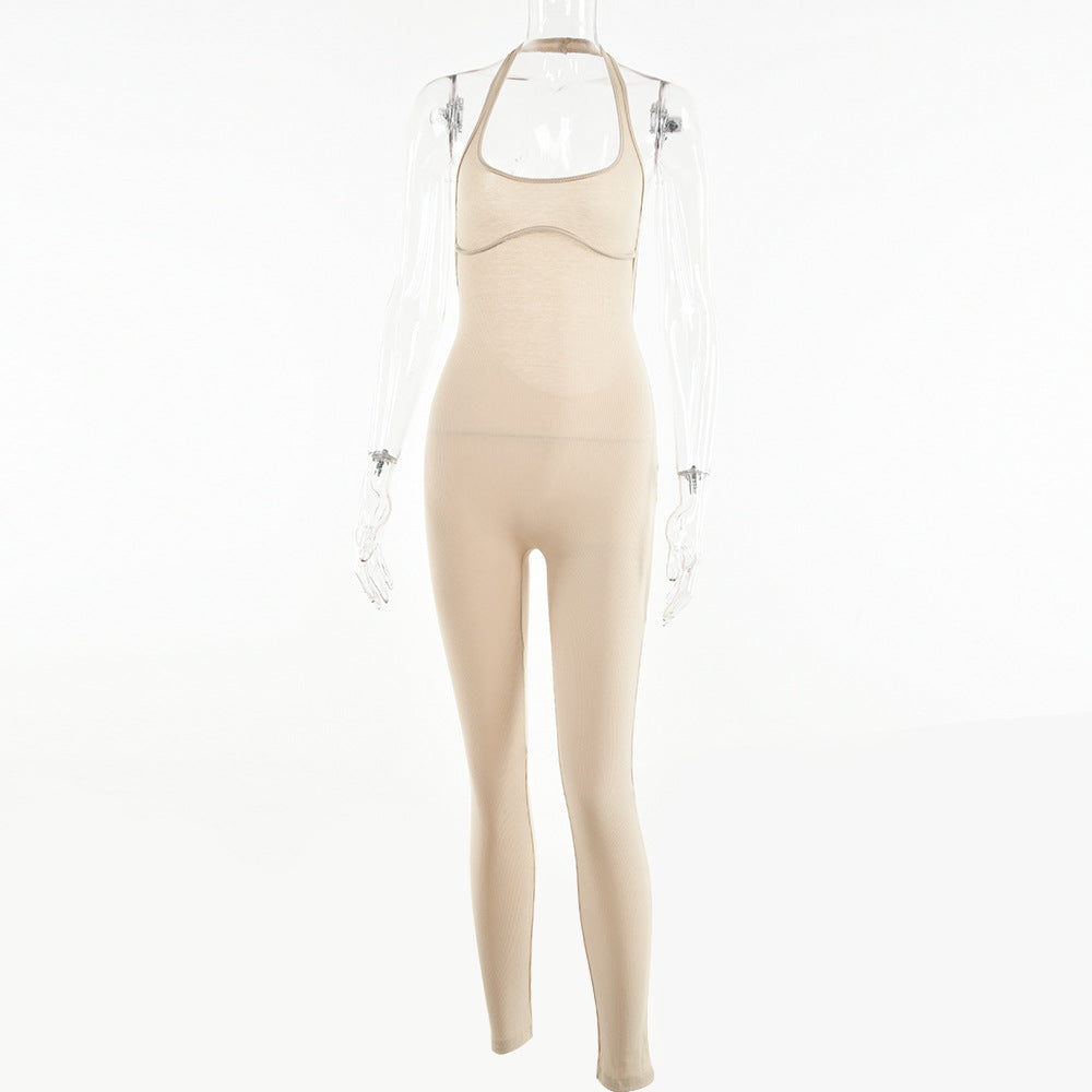 2025 sexy neck-hanging low-cut tight sports trousers for women's  spring and summer new solid-color dew-back jumpsuit