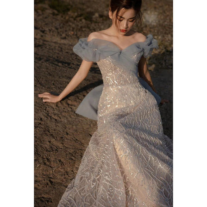 One-word shoulder  banquet evening dress women's 2025 new spring girlfriend bridesmaid engagement toasting dress bridal dress