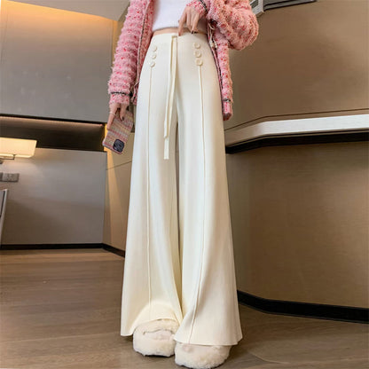 flowersverse Women's Wide-Leg Pants High Waist Drooping Straight Loose Casual Mopping Pants Autumn and Winter New Button Design Knitted Trousers