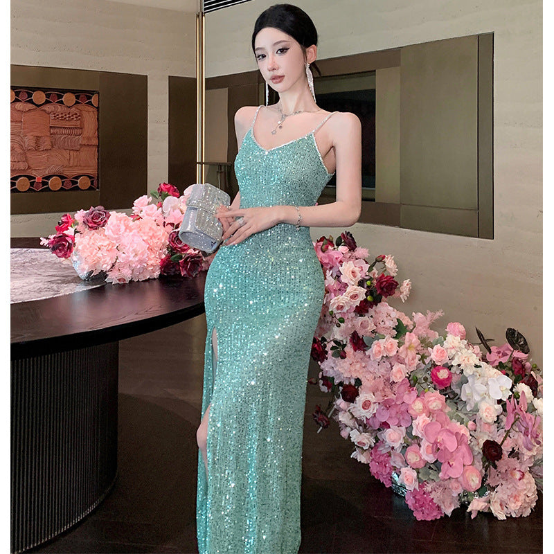 2025 Pure desire wind white inside with green sequined evening dress dress high sense slim sexy suspender dress dress dress dress