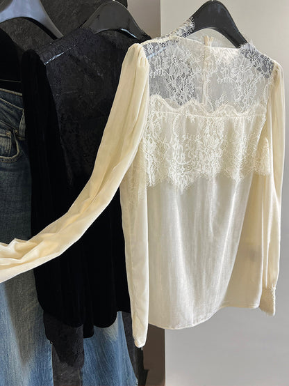 2025 early spring heavy industry lace splicing,  light luxury silk velvet lantern sleeve with a single shirt inside