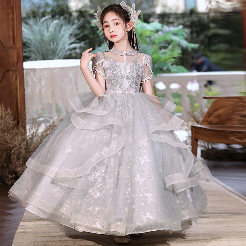 flowersverse Girls' Dress Light Luxury Minority High-End Ten Years Old Birthday Girl Princess Dress Children's Host Western Style Piano Performance