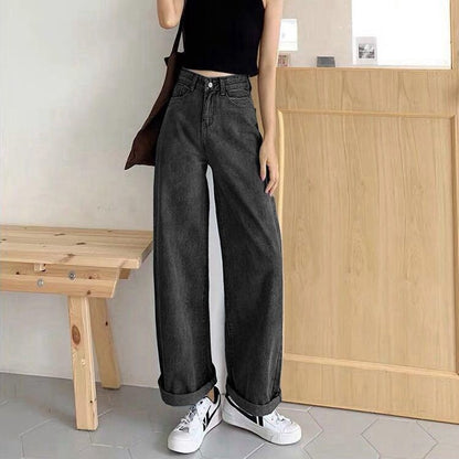 flowersverse Women's Wide-Leg Jeans Loose  Autumn and Winter New Hong Kong Style Retro High Waist Drooping Chic Straight Mopping Pants