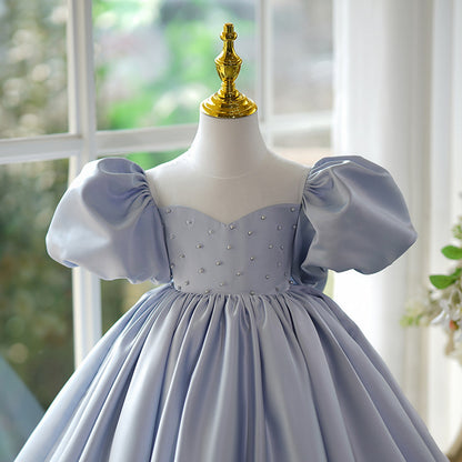 flowersverse Flower Girl Princess Dress Little Girl Dress Haze Blue Children's Birthday Little Host Girl Piano Performance Costume