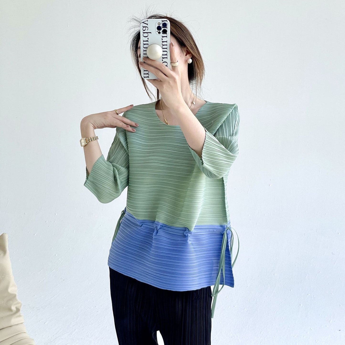 popular spring and summer new fashion color matching loose crew neck top femininity meat covering thin drawstring waist T-shirt