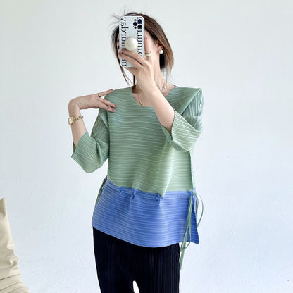 popular spring and summer new fashion color matching loose crew neck top femininity meat covering thin drawstring waist T-shirt