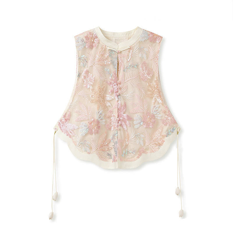 national style temperament heavy industry embroidery pink new Chinese tassel sequined vest skirt two-piece set female N3068