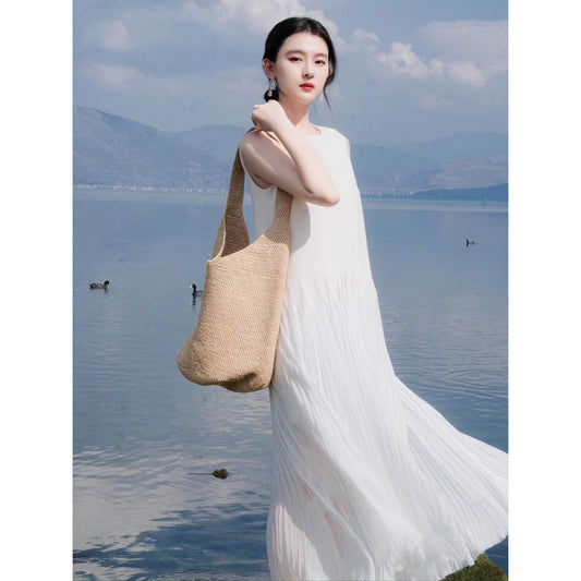 high-end temperament white sleeveless vest skirt travel dress women's summer seaside vacation super fairy long dress