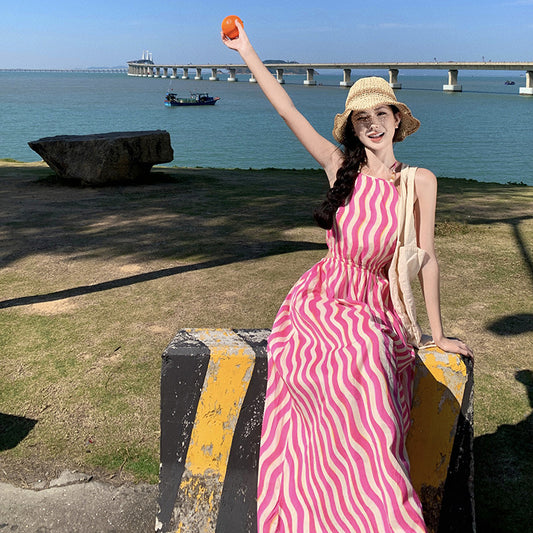 2025 retro striped neck dress women's summer new hollow backless dress seaside vacation beach dress
