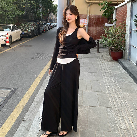 2025 Spring Temperament Knitted Cardigan Vest + High Waist Half-length Pants Three-piece Set Women 89296