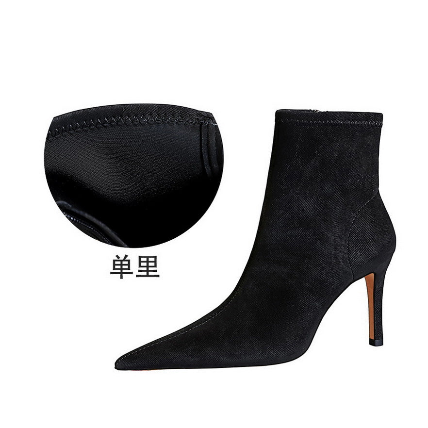 FLOWERSVERSE 2025 9788-2  simple, sexy and thin banquet women's boots, thin heels, high heels, pointed heads, black denim cloth boots