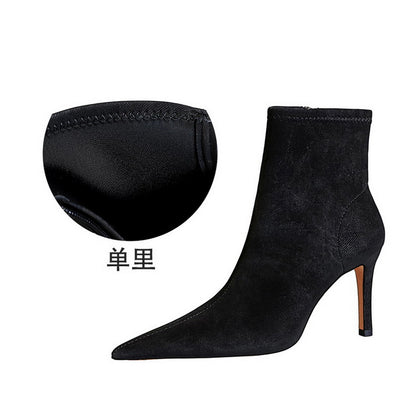 FLOWERSVERSE 2025 9788-2  simple, sexy and thin banquet women's boots, thin heels, high heels, pointed heads, black denim cloth boots