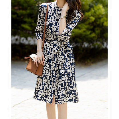 2025 Mulberry silk floral shirt dress  summer new women's clothing satin printed silk skirt medium and long
