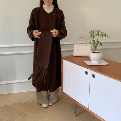 2025 Scarf collar, solid color horn buckle, one buckle, extended double-sided wool coat, woolen coat, women's warm autumn and winter