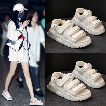 2025 Tide brand  summer new Korean version versatile Velcro casual sandals Internet celebrity super fire heightening beach Roman shoes