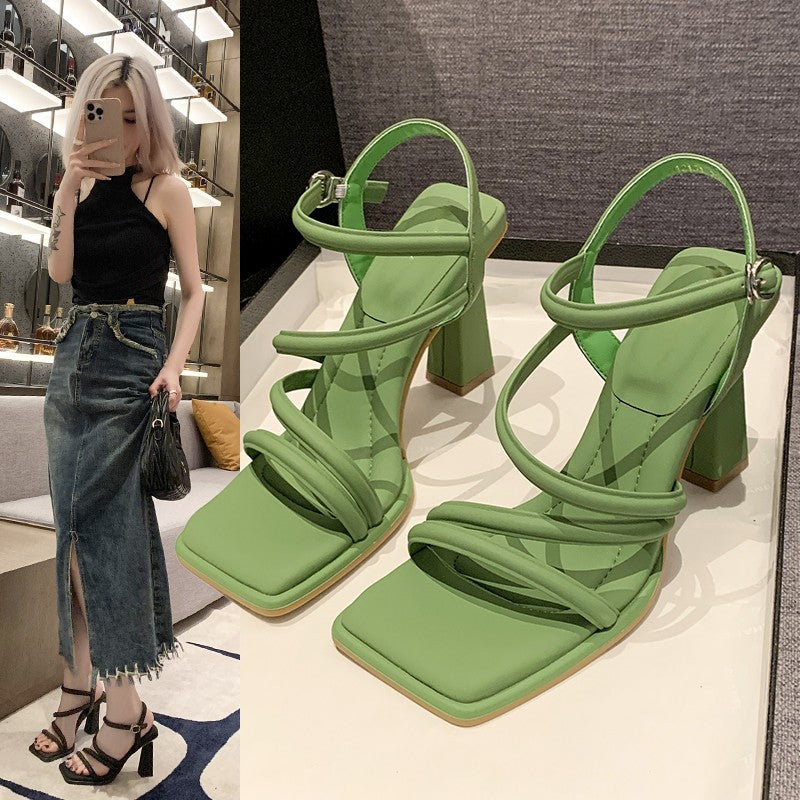 flowersverse  Chunky Heel Mid Heel Gentle and All-Match Sandals Fairy Style  New Summer Online Influencer Refined Ankle-Strap Buckle High Heels