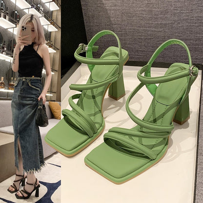 flowersverse  Chunky Heel Mid Heel Gentle and All-Match Sandals Fairy Style  New Summer Online Influencer Refined Ankle-Strap Buckle High Heels