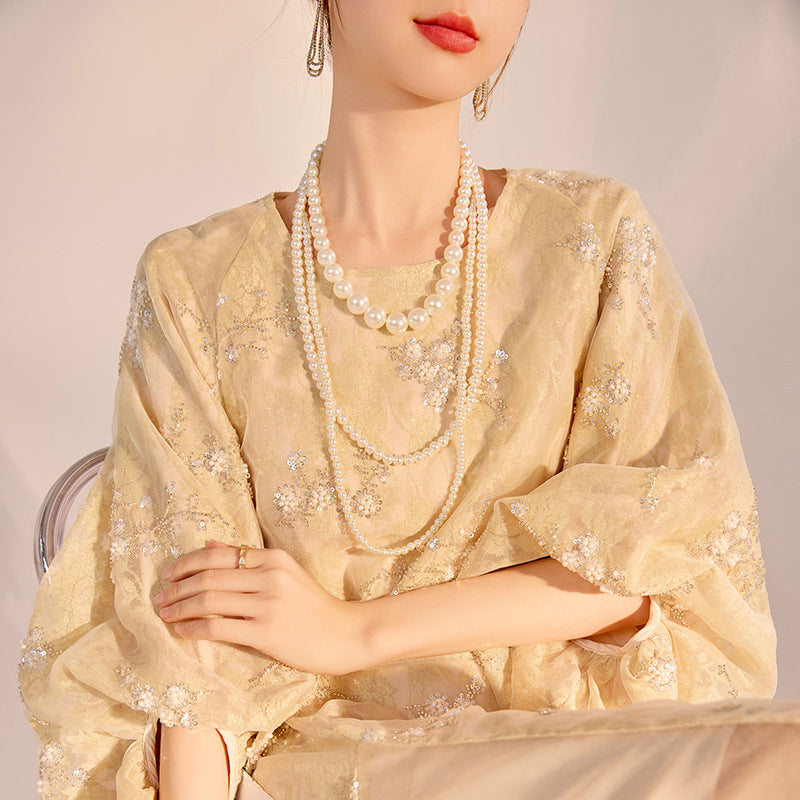 New Chinese high-end flower bead embroidered dress Guofeng  light luxury design temperament long dress N2034