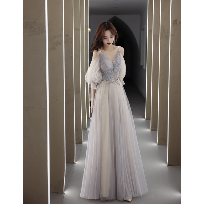 Banquet evening dress women's 2025 new temperament host dress fairy long sleeve vocal art test long dress