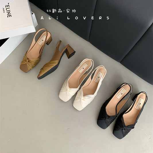 flowersverse  High Heels Chunky Heel Pleated Square Toe Cap Sandals Women's Shoes  New Elegant Classic Style Wind-Back Empty Pumps