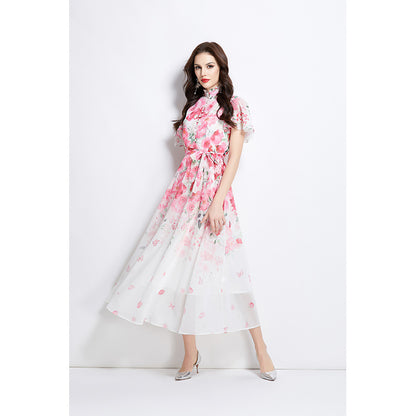 holiday style dress women's  pearl breasted waist thin temperament printed chiffon dress