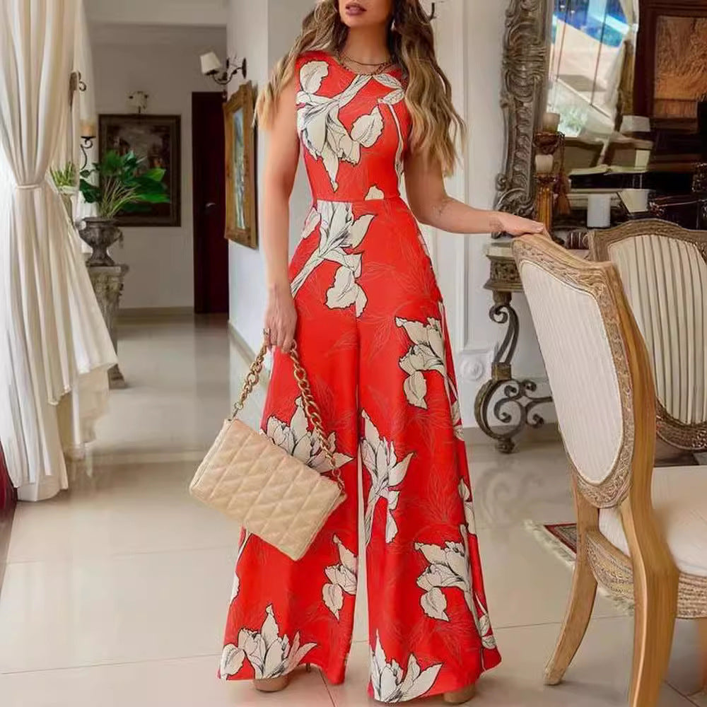 FLOWERSVERSE 2025 Popular trade New spring temperament commuter sleeveless pendulum suspender type printed green high-waisted bag jumpsuit
