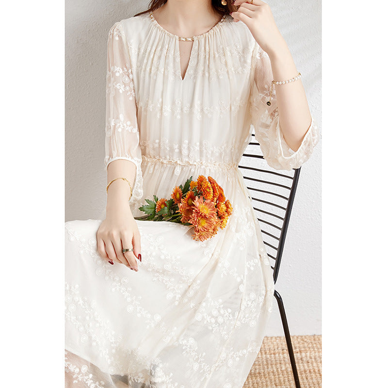 2025 Silk embroidery daughter wind skirt mulberry silk dress  white medium and long large size women's clothing summer