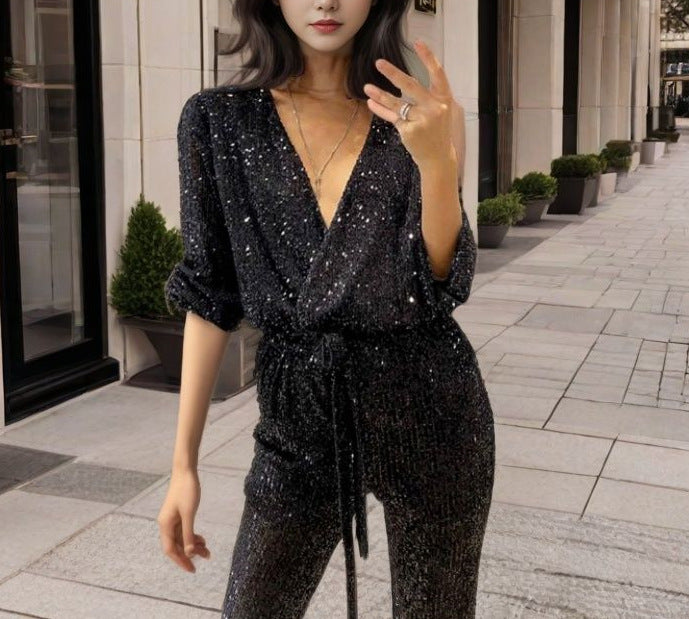 FLOWERSVERSE 2025 women's New express buy 2025 new solid color fashion V-neck long-sleeved shiny bead waist jumpsuit