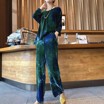 2025 Silk velvet hand-painted blue-green gradual change loose round neck T-shirt + drawstring elastic waist wide-leg pants casual suit