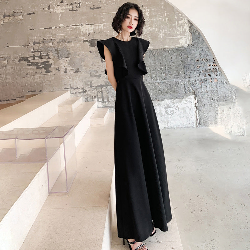 2025 banquet evening dress can be worn in spring, banquet temperament black satin performance chorus dress