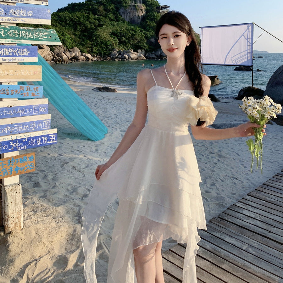 2025 Vacation style  chic pleated suspender skirt girl irregular streamer ruffle edge fairy tutu birthday dress