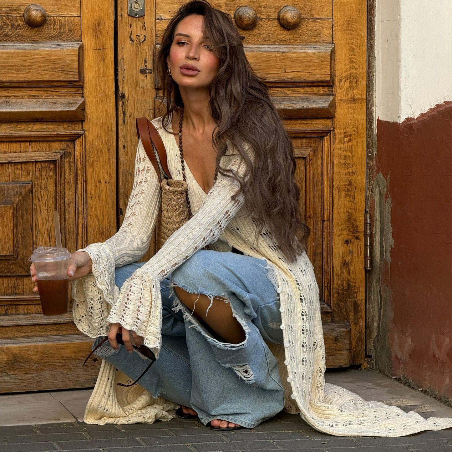 single attitude Spice Girl personality style super long design knitted cardigan women's clothing hollow crochet solid color high sense