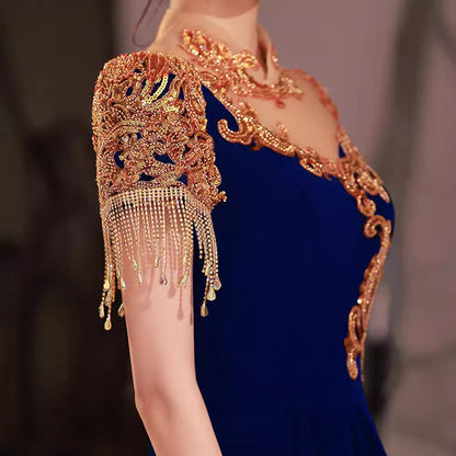 Evening dress female banquet host velvet light luxury niche style temperament celebrity New vocal performance art test