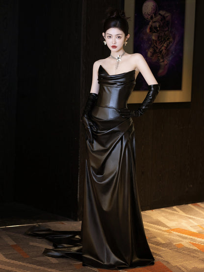 2025 Evening dress  new black leather skirt high-end light luxury niche wedding morning gown female bride toast dress spring