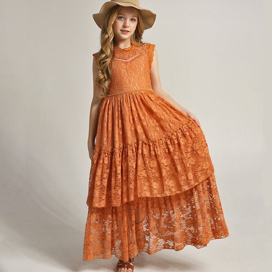 flowersverse New Children's Clothing Girls' Dress Children's Wedding Lace Long Dress Middle and Big Children Host Costume for Piano Performance