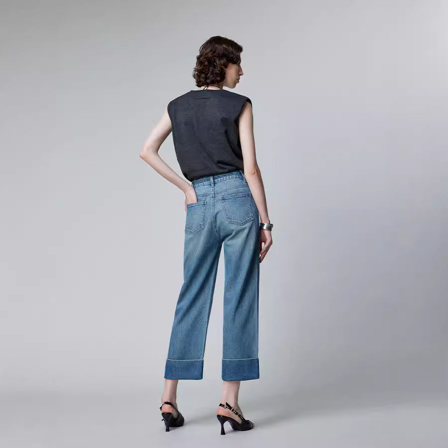 2025 popular Nanyou Women's High Waist Micro-elastic Jeans Flip Foot Straight Nine-Point Pants Exquisite Large Straight Through Jeans Women