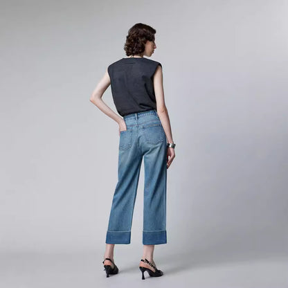 2025 popular Nanyou Women's High Waist Micro-elastic Jeans Flip Foot Straight Nine-Point Pants Exquisite Large Straight Through Jeans Women