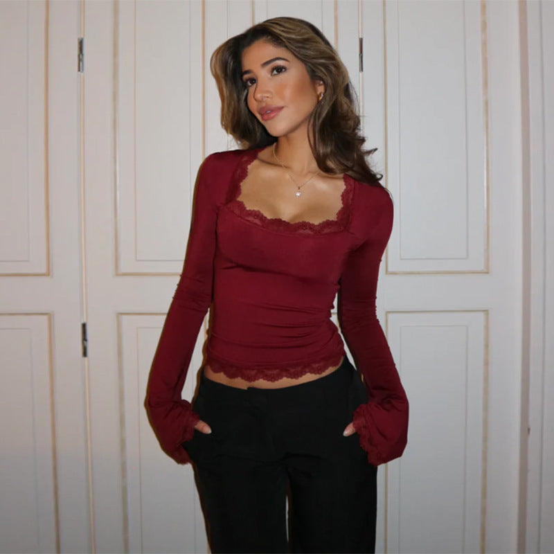 FLOWERSVERSE 2025 spring and summer new 2025 style women's clothing fashion temperament sexy versatile slim lace long-sleeved top