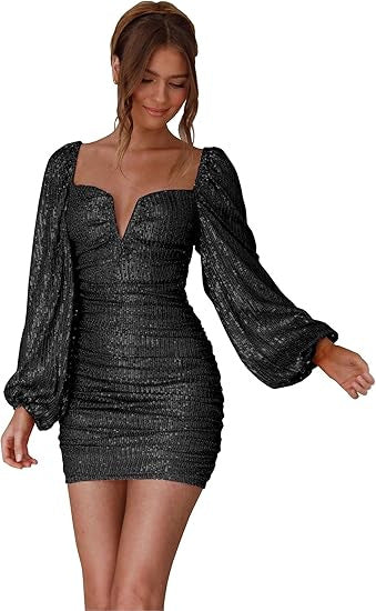 FLOWERSVERSE 2025New New Sequin Mini Wrap Dress Women's V-Neck Long Sleeve Bubble Sleeve Glitter Wrap Party Dress