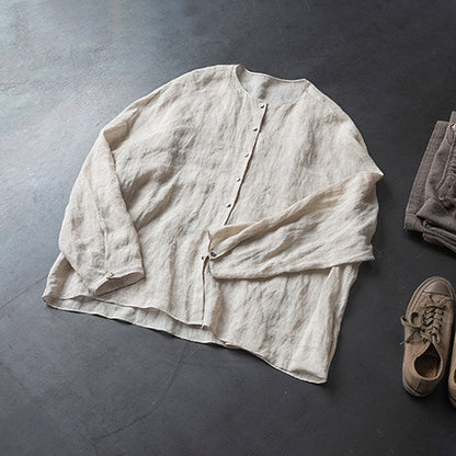 Linen crew neck open placket loose big shirt shirt woman, spring and summer coat woman, top spring versatile woman B0409