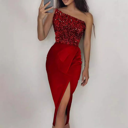 FLOWERSVERSE 2025 New Popular trade new red sequined fairy long sleeveless fashion body temperament medium and long evening dress