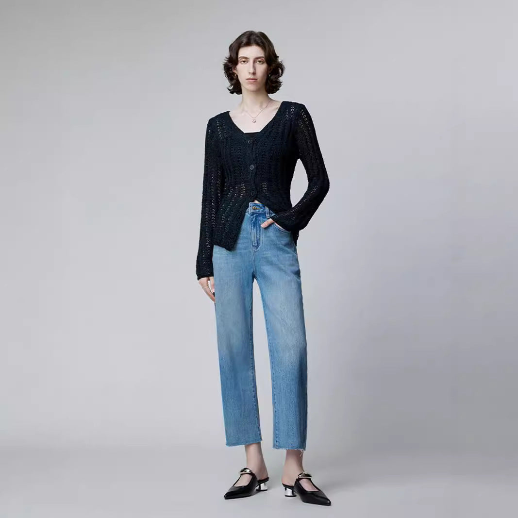 2025 popular early autumn new women's clothing lycra fabric high face exquisite rough edge nine points loose straight pants jeans hair