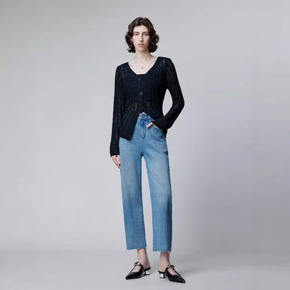 2025 popular early autumn new women's clothing lycra fabric high face exquisite rough edge nine points loose straight pants jeans hair