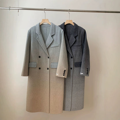 2025 Suit collar double-breasted two-color gradual change extended double-sided wool woolen coat women's versatile warm autumn and winter Haining