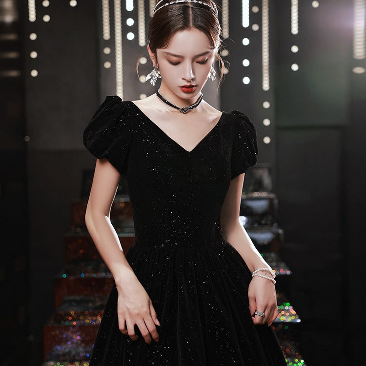 2025 Temperament evening dress women's  new black velvet dress celebrity temperament  banquet dress spring