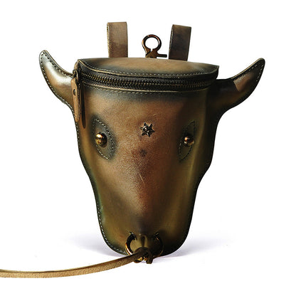 FLOWERSVERSE New Top Layer Crazy Horse Skin Cowhide Foreign Trade Men's Retro Cool Cow Head Large Capacity 7-Inch Waist Bag Leg Bag 835