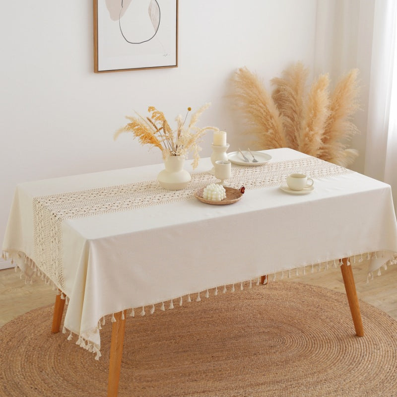 2025 Lexuanxiu New tablecloth wholesale cotton and linen thickened hollow phoenix tail splicing simple ins log wind picnic tablecloth